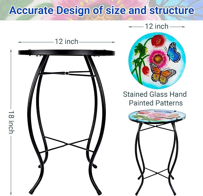 12 Inch Round Butterfly Glass Side Table, Patio Small Table, Outdoor Side Table, Outdoor Bar Table - Photo 3
