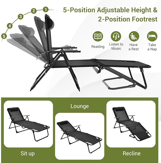 Tangkula 3-Piece Folding Outdoor Chaise Lounge Chair Set, 2 Recliner Chairs & 1 Patio Bistro Table w/Adjustable Backrest - Photo 5