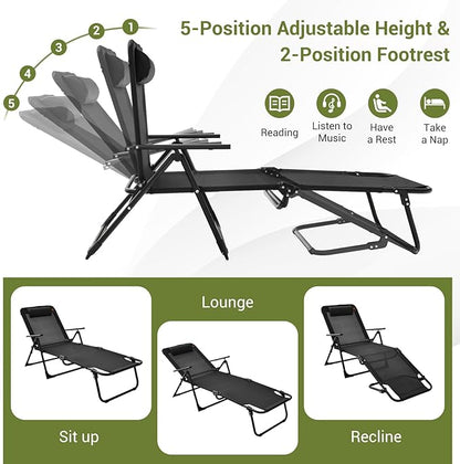 Tangkula 3-Piece Folding Outdoor Chaise Lounge Chair Set, 2 Recliner Chairs & 1 Patio Bistro Table w/Adjustable Backrest, Weatherproof PVC Tabletop, Portable Sunbathing Chairs for Beach Yard Poolside