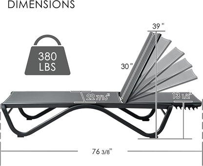 Kozyard Outdoor Chaise Lounge Chair, Full Aluminum Frame and Textilene Fabric, Adjustable Reclining Patio Lounger for Poolside, Sunbathing & Backyard (Gray, 2Chairs)