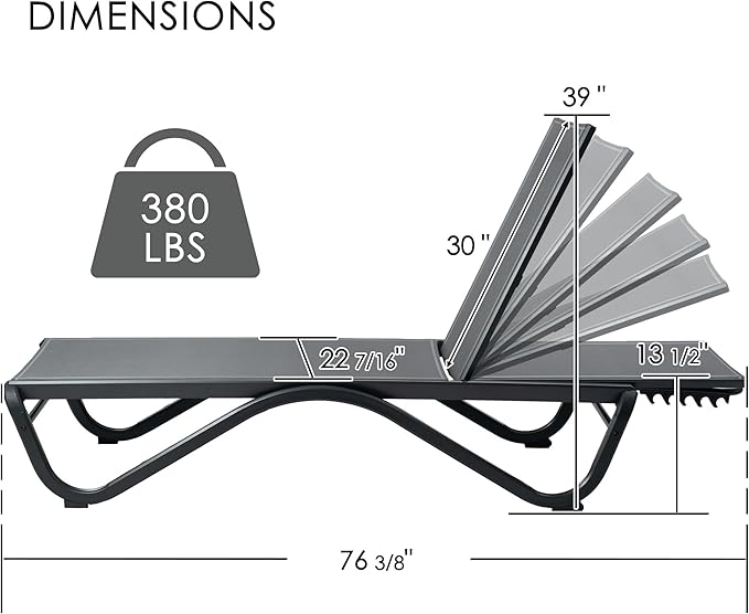 Kozyard Outdoor Chaise Lounge Chair, Full Aluminum Frame and Textilene Fabric, Adjustable Reclining Patio Lounger for Poolside, Sunbathing & Backyard (Gray, Chair)