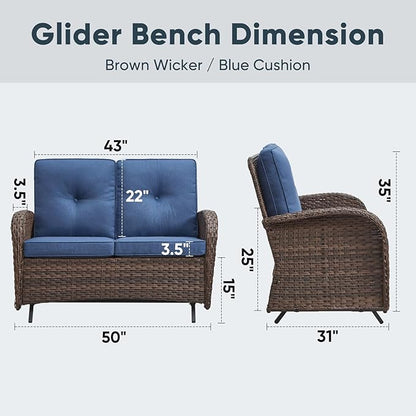 Belord Outdoor Glider Bench Patio Loveseat - 500 Lbs Weight Capacity 2 Seater Wicker Sofa, Small Porch Glider Furniture All Weather Rattan Couch with Removble Cushion for Balcony Deck Backyard, Brown