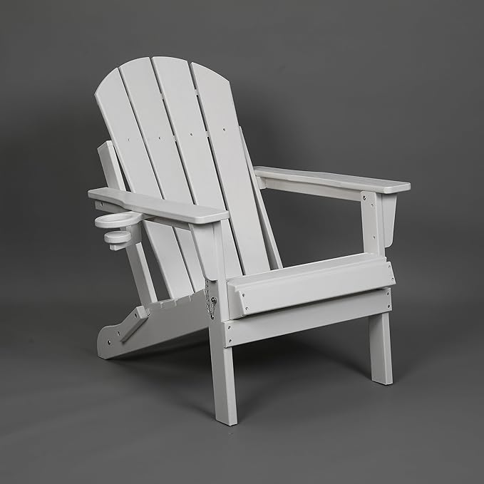 HDPE Folding Adirondack Chair with Cup Holder Outside, Composite Outdoor Chairs with Wood Texture, White - Photo 6