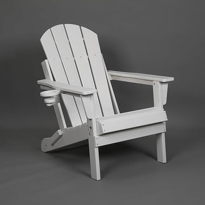 Outdoor Patio Folding Chair - White Composite Adirondack with Wood Grain and Dual Cup Holders