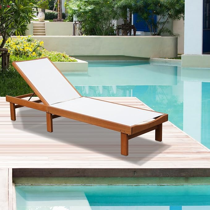 LDAILY Moccha Chaise Lounge Chair Outdoor, Patio Recliner Lounger Chair with 5 Positions Backrest, Breathable Fabric, Eucalyptus Wood Reclining Lounge Chair for Backyard, Poolside, Lawn, White