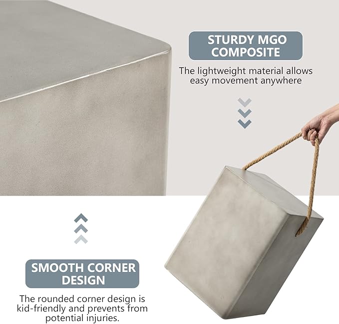 COSIEST Set of 2 Concrete Side Table, Rectangular Outdoor Side Table w Hemp Rope Handles - Photo 5