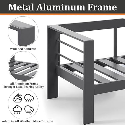 Kiss the Water Outdoor Patio Furniture Loveseat Sofa, All-Weather Metal Aluminum Patio Couch with 5" Thick and Soft Cushion and Wide Arm, Outdoor Couch for Balcony, Porch, Backyard