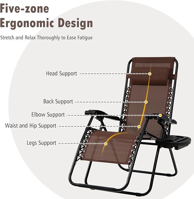 Tangkula Set of 2 Zero Gravity Chair, Folding Patio Lounge Chair Adjustable Outdoor Recliner with Cup Holder - Photo 8