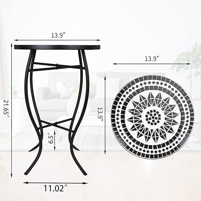VCUTEKA Mosaic Outdoor Side Table, 14" Round Small Patio Accent Table Indoor End Table for Yard, Garden, Living Room - Photo 3