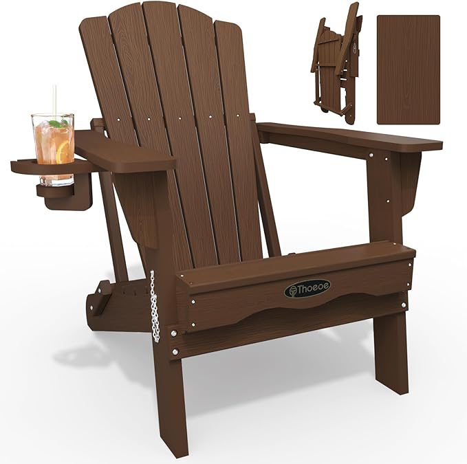 Folding Adirondack Chair,HDPE All-Weather Outdoor Chair with Cup Holder,Wooden Textured,Fire Pit Chair,Plastic Patio Chair for Deck,Backyard,Garden,Lawn(Brown)