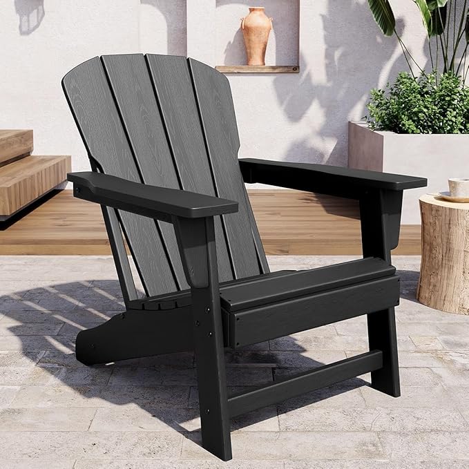 Modern Oversized HDPE Adirondack Chair, 380 LBS Capacity Weather Resistant Fire Pit Chair with Wood-Like Texture, Outdoor Patio Chair for Garden, Backyard, Lawn, Deck, Poolside, Porch, Black