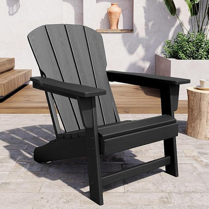 Modern Oversized HDPE Adirondack Chair, 380 LBS Capacity Weather Resistant Fire Pit Chair with Wood-Like Texture, Outdoor Patio Chair for Garden, Backyard, Lawn, Deck, Poolside, Porch, Black