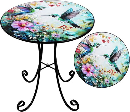 Outdoor Side Table, Hummingbird & Flower Round Accent Table, 18" Metal Indoor Small End Tables, Plant Stand Tables for Patio Yard Balcony Garden Bedside