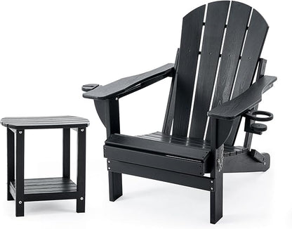 Folding Adirondack Chair Set with Side Table - HDPE Outdoor Patio Chairs, Weatherproof Chair with Reclining Back, Cup & Phone Holder, and 2-Tier Storage End Table for Firepit or Garden(Black)