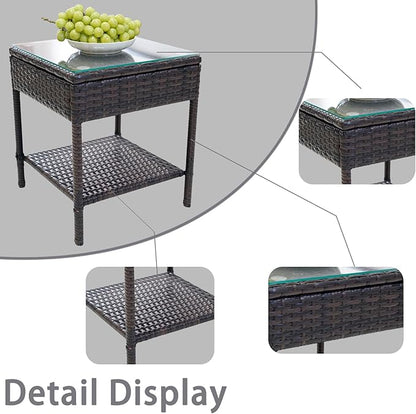 Outdoor Patio Wicker Table,Rattan Side Table,Modern Patio End Side Table with Glass Countertop and Storage Space,for Porch Garden Balcony