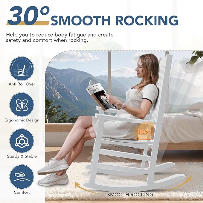 Wooden Outdoor Rocking Chair, Oversized Patio Rocking Chair w/400lbs Support & High Backrest | Porch, Lawn, Garden, Backyard，White