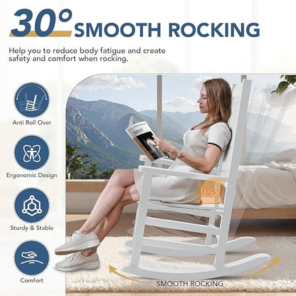Wooden Outdoor Rocking Chair, Oversized Patio Rocking Chair w/400lbs Support & High Backrest | Porch, Lawn, Garden, Backyard，White