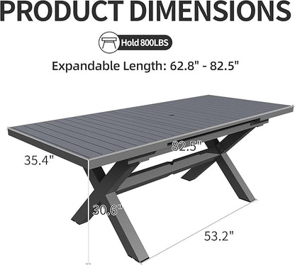 TWT Expandable Table Dining Set for 6 to 10, Aluminum Outdoor Dining Table, Rectangular Patio Metal Table with Umbrella Hole for Backyard Porch, Poolside ＆ Garden, Easy Assembly, Dark Grey