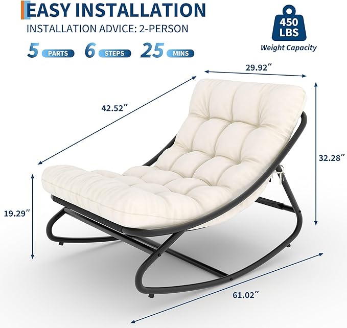 GarveeLife Rocking Papasan Chair 2 PCS, Outdoor Rocker Chair with Thick Waterproof Cushion, 300lbs Heavy Duty Metal Patio Rocking Chair for Garden, Porch, Nursery, Silla Mecedora para Adulto-Beige
