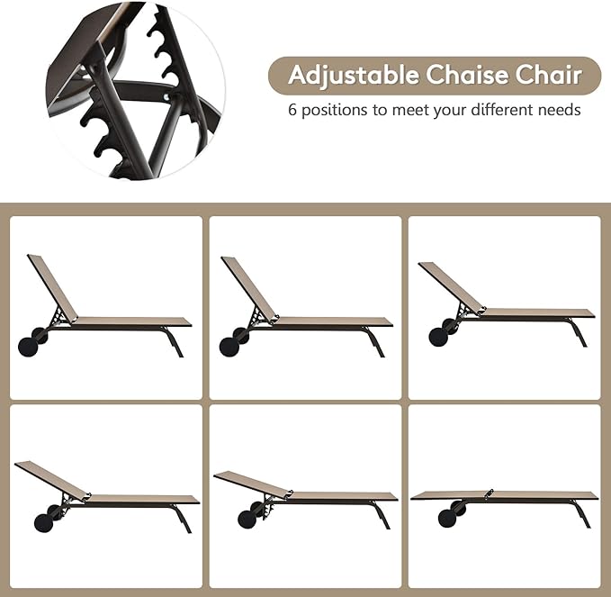 Giantex Lounge Chairs for Outside Patio Chaise Lounges Aluminum Recliner W/Adjustable 6 Backrest Positions and Wheels - Photo 5