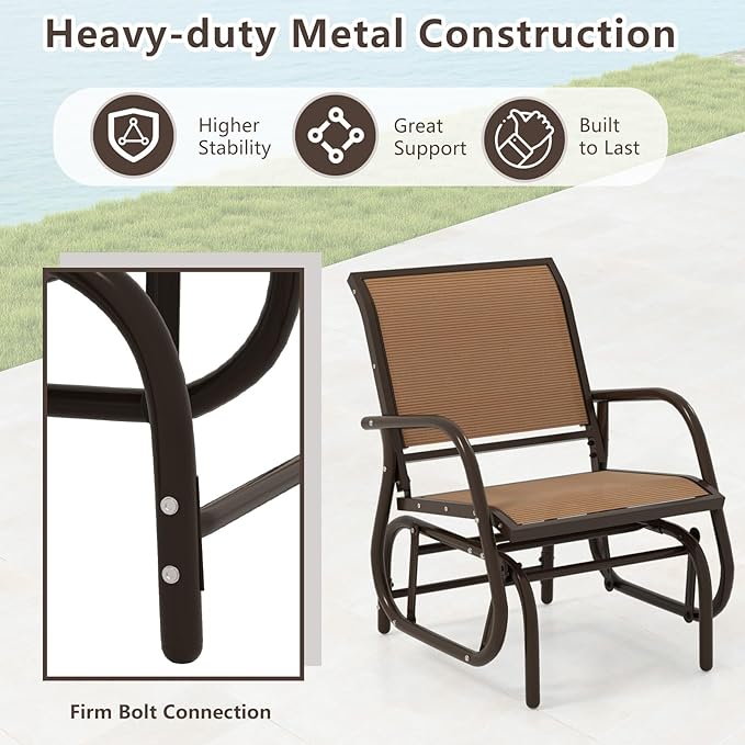 Tangkula Swing Glider Chair, Ergonomic Rocking Chair with Comfortable Fabric, Iron Frame, 4 Non-Slip Foot Pads, Outdoor Patio Glider Rocker Chair for Living Room, Garden, Backyard (1, Brown)