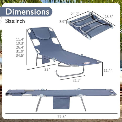 3-in-1 Heavy Duty Tanning Chair with Face Hole Adjustable 5-Position Folding Chaise Lounge Chairs Portable Lay Flat Beach Lounge Chair for Outdoor Sunbathing Patio Pool Lawn Camping Deck (Gray 2)