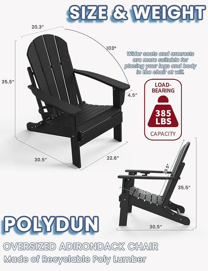 Adirondack Chair with Cup Holder Set of 6, Folding HDPE Patio Chairs, Outdoor Plastic Fire Pit Chair, Wood Texture, Lawn Chairs for Deck, Porch, Backyard, Garden, Black