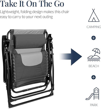 Best Choice Products Oversized Padded Zero Gravity Chair, Folding Outdoor Patio Recliner, XL Anti Gravity Lounger for Backyard w/Headrest, Cup Holder, Side Tray, Polyester Mesh - Gray/Light Gray