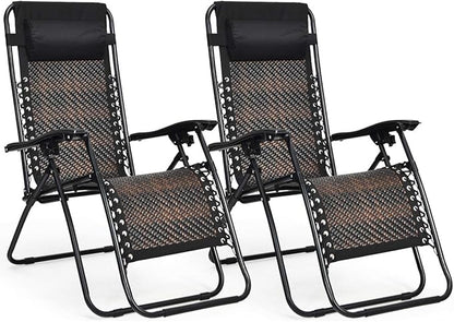Tangkula Patio Rattan Zero Gravity Lounge Chair, Outdoor Folding Lounge Chair w/Removable Head Pillow, Adjustable Lounge with Widened Armrest & Locking System for Balcony Yard Poolside (2, Brown)