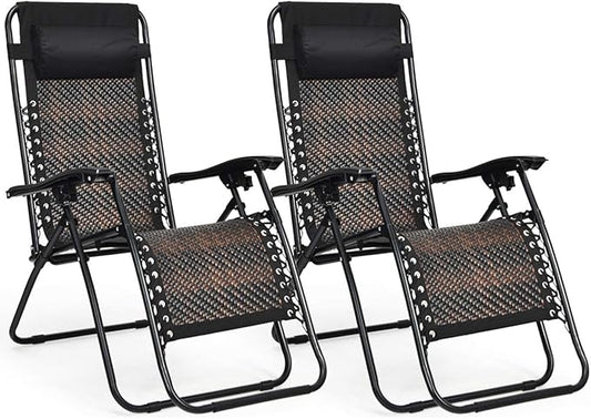 Tangkula Patio Rattan Zero Gravity Lounge Chair, Outdoor Folding Lounge Chair w/Removable Head Pillow, Adjustable Lounge with Widened Armrest & Locking System for Balcony Yard Poolside (2, Brown)