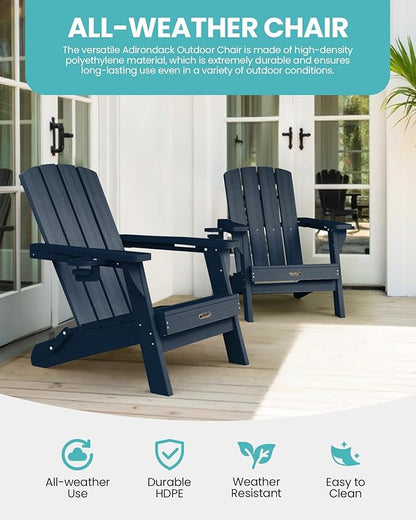 Folding Adirondack Chair 2 Pack, HDPE All-Weather Fire Pit Chairs, Plastic Adirondack Chairs with 2 Cup Holder, Outdoor Lawn Chair for Patio Garden (Navy Blue)