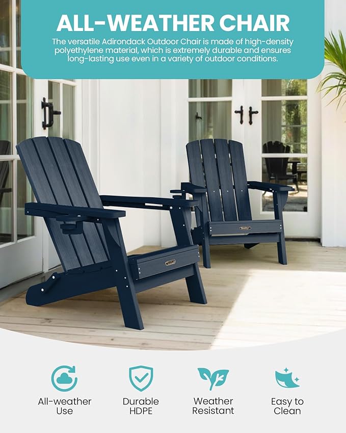 Folding Adirondack Chair 4 Pack, HDPE All-Weather Fire Pit Chairs, Plastic Adirondack Chairs with 2 Cup Holder, Outdoor Lawn Chair for Patio Garden (Navy Blue)
