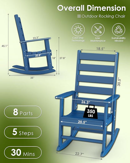 GREENVINES Outdoor-Rocking-Chairs-Set-of-2 | HDPE Plastic | Patio Rockers | Porch Rocker Chair | Shaker | Oversized | High Ladder Back | Big & Tall | PentaLuxe | Blue