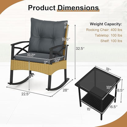 Tangkula 3 Pieces Outdoor Rocking Chairs Set, Rattan Heavy Duty Cushioned Rocker Chairs with 2-Tier Tempered Glass Coffee Table, for Garden, Balcony, Backyard (Yellow+Gray)