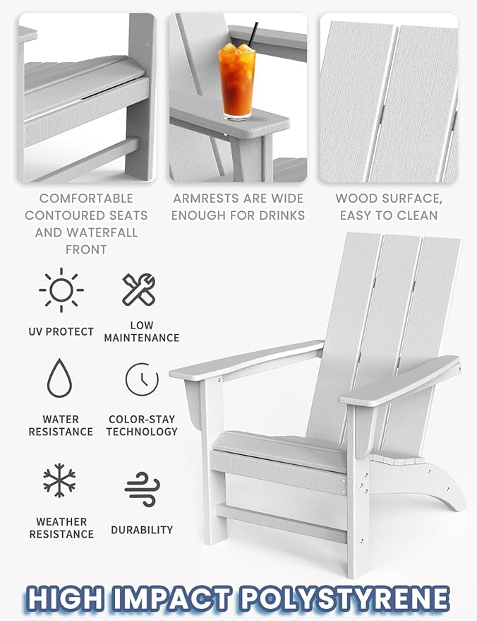 Modern Adirondack Chair, HDPE Plastic Patio Chairs for All Weather, Fire Pit Chair, Outdoor Lawn Chairs for Deck, Porch, Backyard, Garden, White