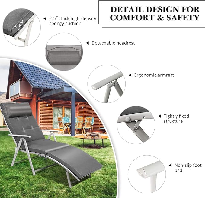 Tangkula Outdoor Folding Chaise Lounge Chair, Lightweight Recliner Chair w/ 7 Adjustable Backrest Positions, Patio Reclining Beach w/Removable Cushion & Pillow for Patio Poolside No Assembly Required