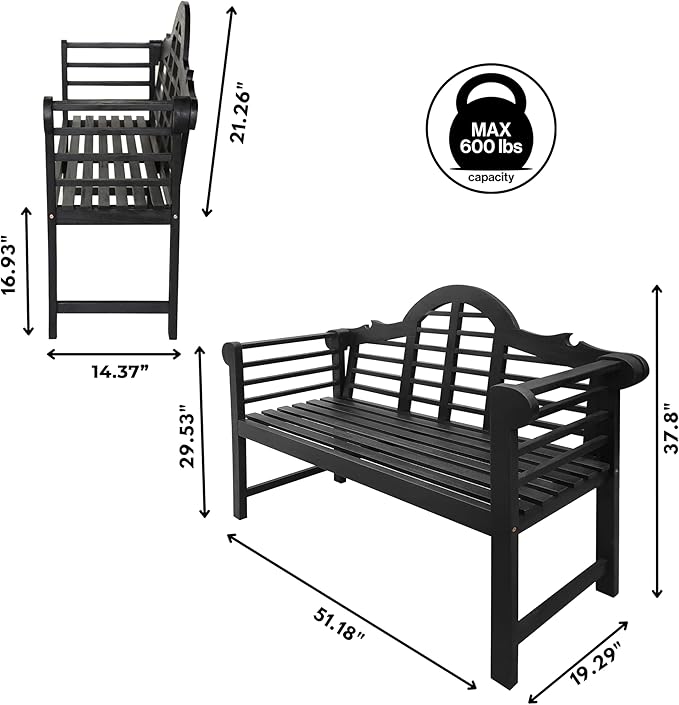 JONATHAN Y BNH103C Lutyens 51.2" 3-Seat Arched 600-Lbs Support Acacia Wood Outdoor Garden Patio Bench for Garden, Lawn, Backyard, Pool, Deck, Beach, Firepit, Black