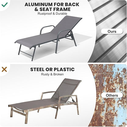 Crestlive Products Chaise Lounge Chair Outdoor with Armrests, Pool Lounge Chairs Set of 2, Aluminum Adjustable 5 Positions Sun Tanning Lounger for Patio, Poolside, Yard, Deck, Backyard (Grey)