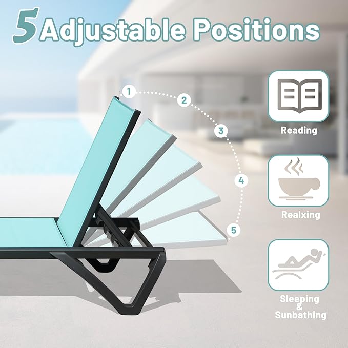 Domi Patio Lounge Chairs Set of 3, Aluminum Pool Chaise Lounge with Side Table,5 Position Adjustable Backrest and Wheels, Lounge Chairs for Pool, Garden, Beach, Backyard, Turquoise Blue