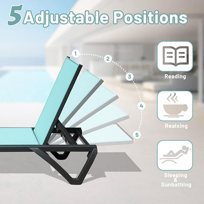 Domi Patio Lounge Chairs Set of 3, Aluminum Pool Chaise Lounge with Side Table,5 Position Adjustable Backrest and Wheels, Lounge Chairs for Pool, Garden, Beach, Backyard, Turquoise Blue
