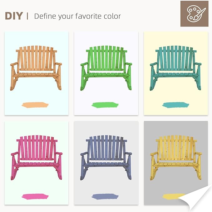 Outdoor Double Wooden Rocking Bench, Adirondack Porch Rocker Chair for 2 Persons, Patio Rustic Log Rocker Loveseat with High Slatted Seat & Backrest for Deck, Backyard, Garden, Natural