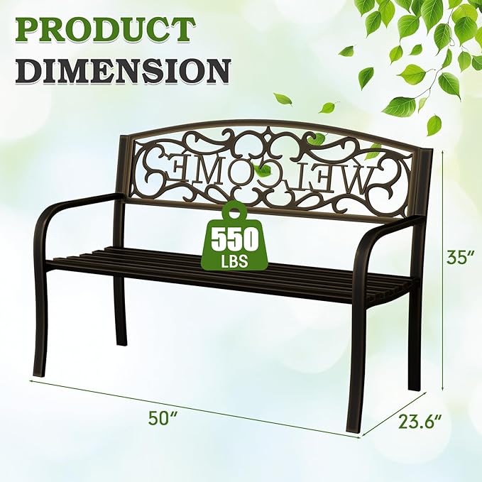 50" Outdoor Garden Bench, Iron Metal Frame Patio Bench with Backrest Armrests, Weatherproof Anti-Rust Outdoor Bench for Front Porch, Park, Yard, Patio (403-GOLDEN)