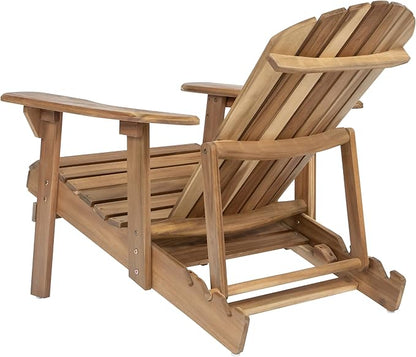 Merax Folding Adjustable Acacia Wood Adirondack Chairs, with Retractable Ottoman Outdoor Lounge Reclining Chair for Yard, Garden, Patio, Natural Stained