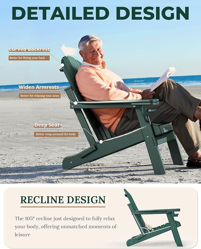 BRIOPAWS Folding-Adirondack-Chairs Set of 4 | HDPE | Fire Pit Chair | Cup Holder | Weather Resistance | Forest | for Outdoor Backyard Deck Patio