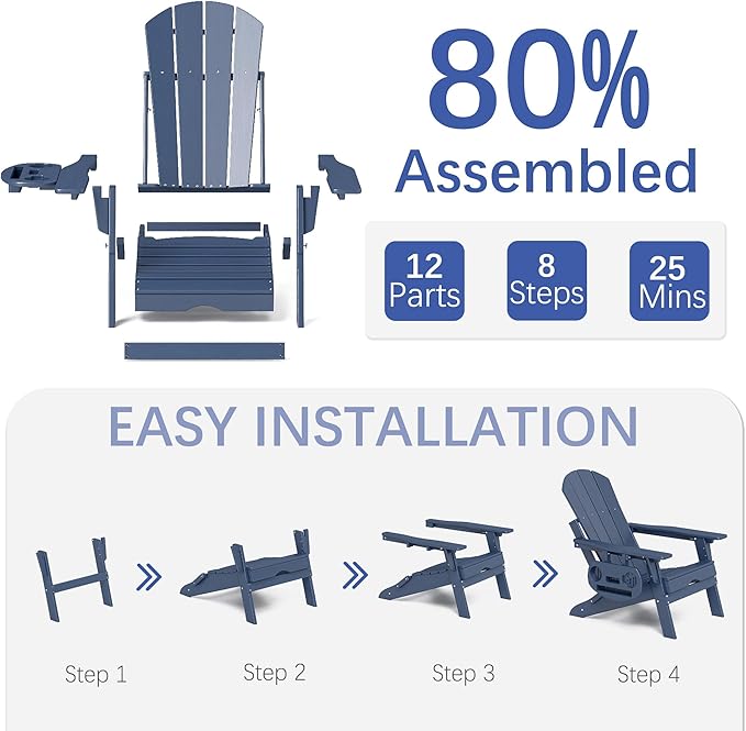 FOOWIN Adirondack Chair with Retractable Ottoman,HDPE Folding Adjustable Adirondack Chair w/4 in 1 Cup Holder Trays,All-Weather Resistant Fire Pit Chair for Outdoor Patio Lawn Set of 6