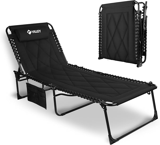 VILLEY Oversized Padded Chaise Lounge with Cushion, Foldable Camping Cot, Patio Reclining Lounge Chairs - Photo 1