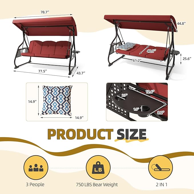 3 Seat Outdoor Porch Patio Swing with Adjustable Canopy& Backrest, Outdoor Swing for Adults - Photo 8