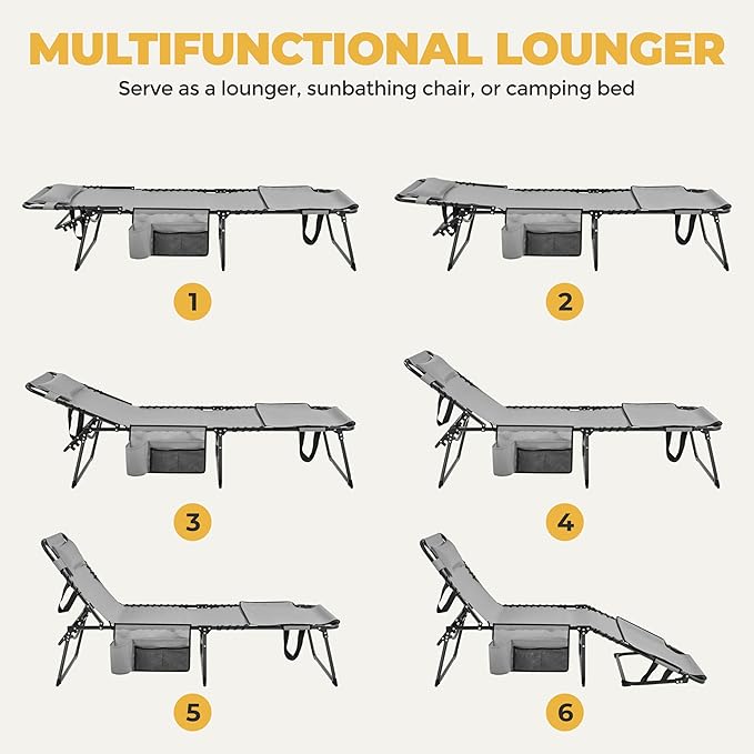 Yaheetech 26.4" Tanning Chair with Face Hole, Adjustable 5-Position Folding Chaise Lounge Chairs, Outdoor Lounge Chairs for Lawn, Beach, Patio, Gray