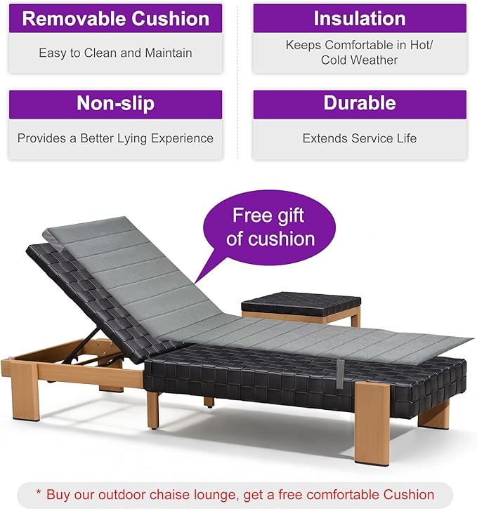 PURPLE LEAF Patio Lounge Chair Modern Outdoor PU Leather Style Chaise Lounge 1 Piece with Side Table Adjustable Backrest Aluminum Luxury Chaise Lounge Chairs for Pool Garden Backyard Beach, Black