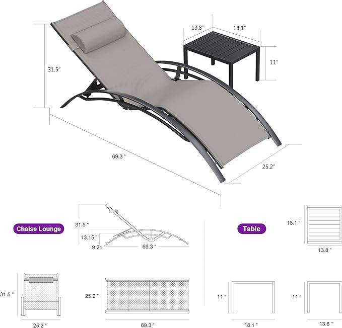 PURPLE LEAF Patio Chaise Lounge Chair Set with 2 Side Table Outdoor Pool Adjustable Recliner Chairs for Outside Beach Poolside Sunbathing Tanning Lounger